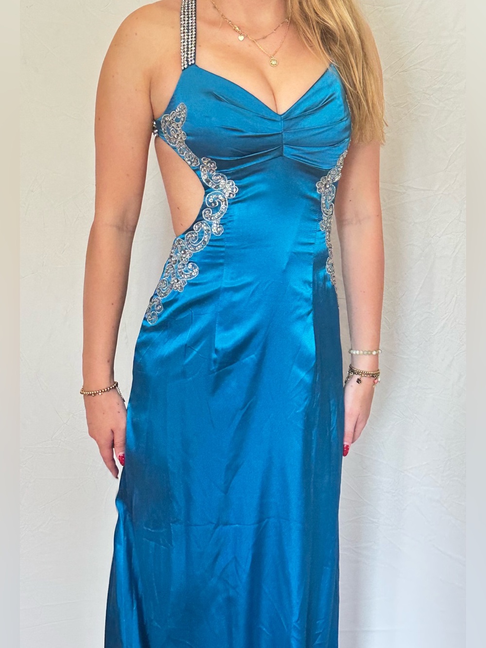 Blue Embellished Satin Evening Dress